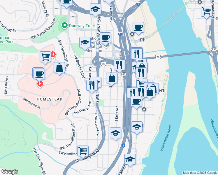 map of restaurants, bars, coffee shops, grocery stores, and more near in Portland