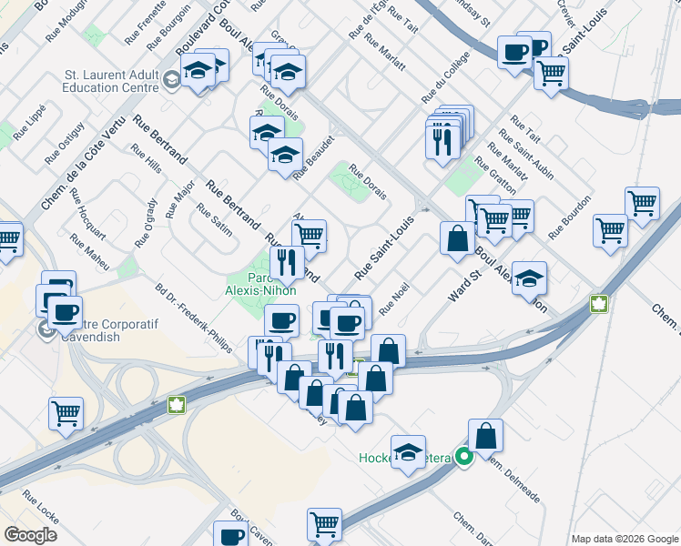 map of restaurants, bars, coffee shops, grocery stores, and more near 2450 Rue Valade in Montréal