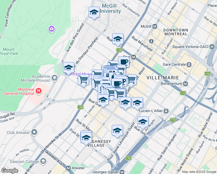 map of restaurants, bars, coffee shops, grocery stores, and more near 2055 Rue Bishop in Montréal