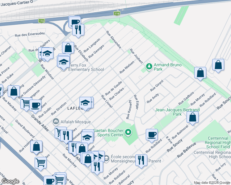 map of restaurants, bars, coffee shops, grocery stores, and more near 1509 Rue Charles in Longueuil