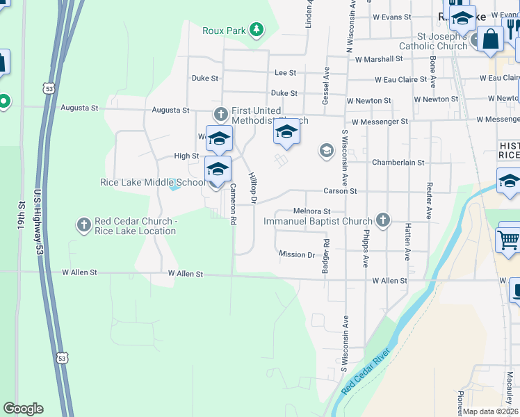 map of restaurants, bars, coffee shops, grocery stores, and more near 303 Hilltop Drive in Rice Lake