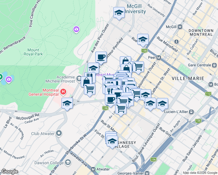 map of restaurants, bars, coffee shops, grocery stores, and more near 16 Place de Chelsea in Montréal