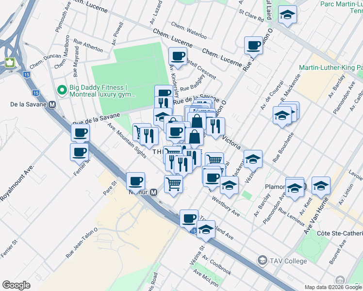 map of restaurants, bars, coffee shops, grocery stores, and more near 4980 Rue Buchan in Montrã©Al