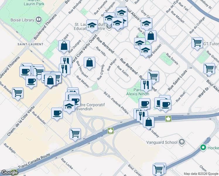 map of restaurants, bars, coffee shops, grocery stores, and more near 740 Carrefour Stewart in Montréal