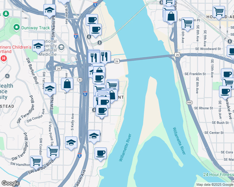 map of restaurants, bars, coffee shops, grocery stores, and more near 836 Southwest Curry Street in Portland