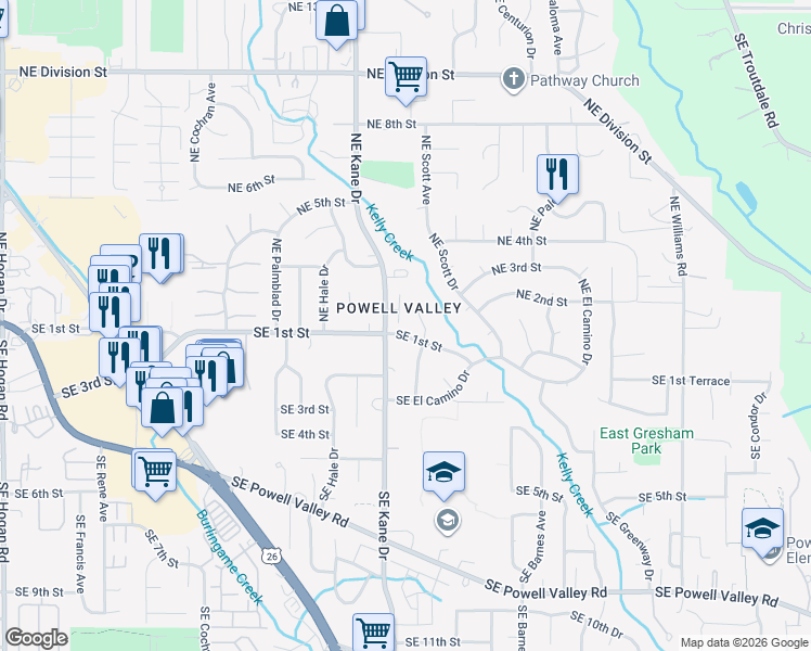 map of restaurants, bars, coffee shops, grocery stores, and more near 108 Northeast Kane Drive in Gresham