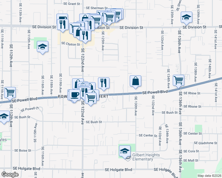 map of restaurants, bars, coffee shops, grocery stores, and more near 3321 Southeast 127th Place in Portland