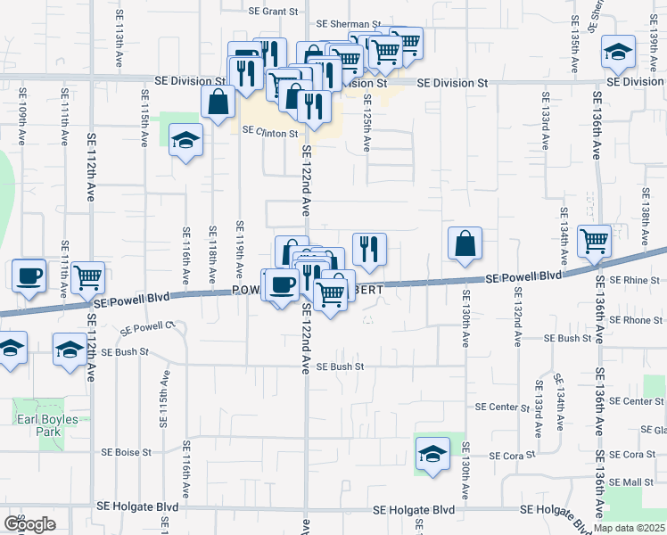 map of restaurants, bars, coffee shops, grocery stores, and more near 3302 Southeast 122nd Avenue in Portland