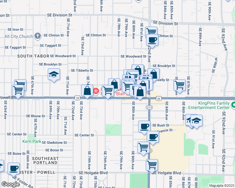 map of restaurants, bars, coffee shops, grocery stores, and more near 3405 Southeast 78th Avenue in Portland