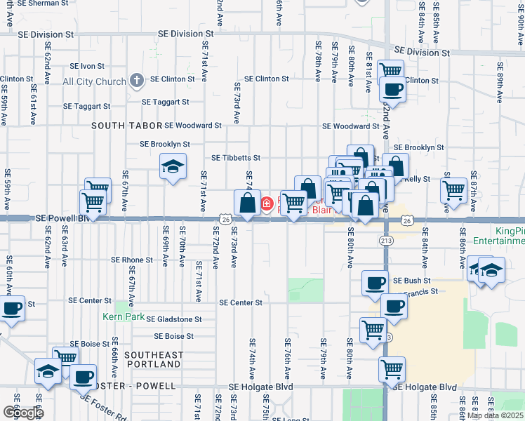 map of restaurants, bars, coffee shops, grocery stores, and more near 3405 Southeast 75th Avenue in Portland