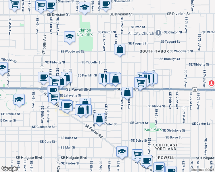 map of restaurants, bars, coffee shops, grocery stores, and more near 5940 Southeast Haig Street in Portland