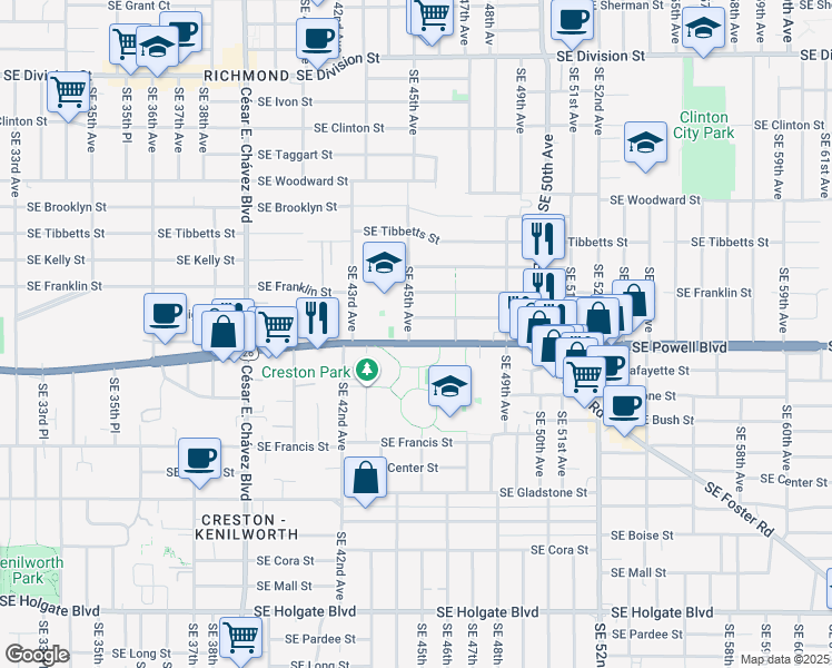 map of restaurants, bars, coffee shops, grocery stores, and more near 4516 Southeast Haig Street in Portland