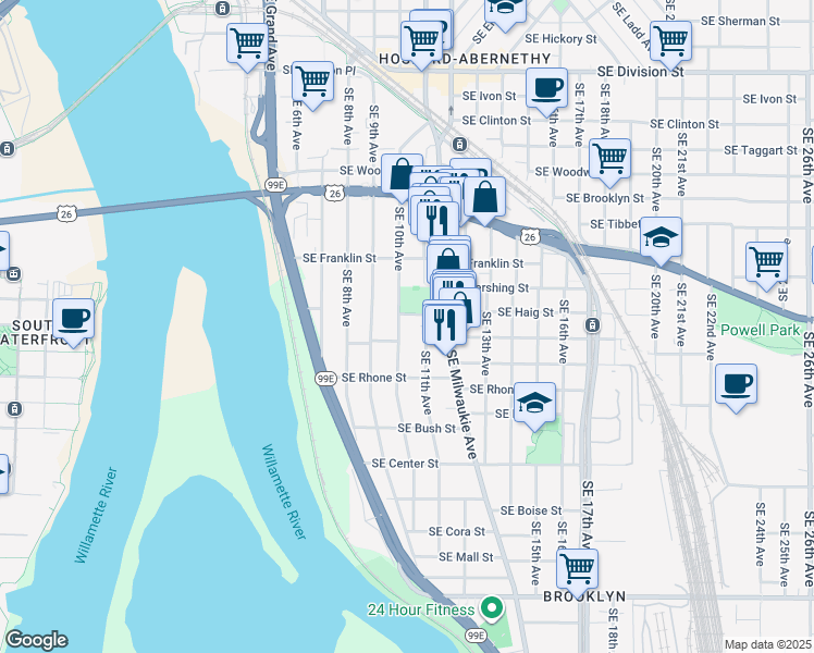 map of restaurants, bars, coffee shops, grocery stores, and more near 1038 Southeast Haig Street in Portland