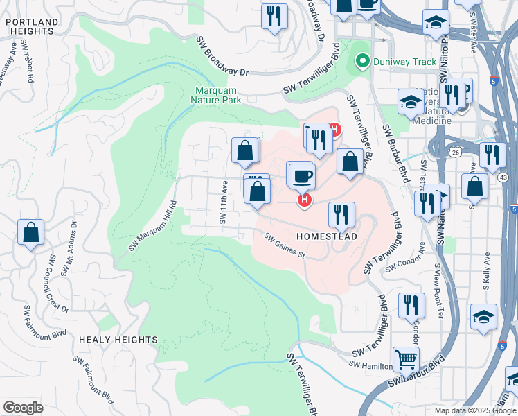 map of restaurants, bars, coffee shops, grocery stores, and more near 3409 Southwest US Veterans Hospital Road in Portland