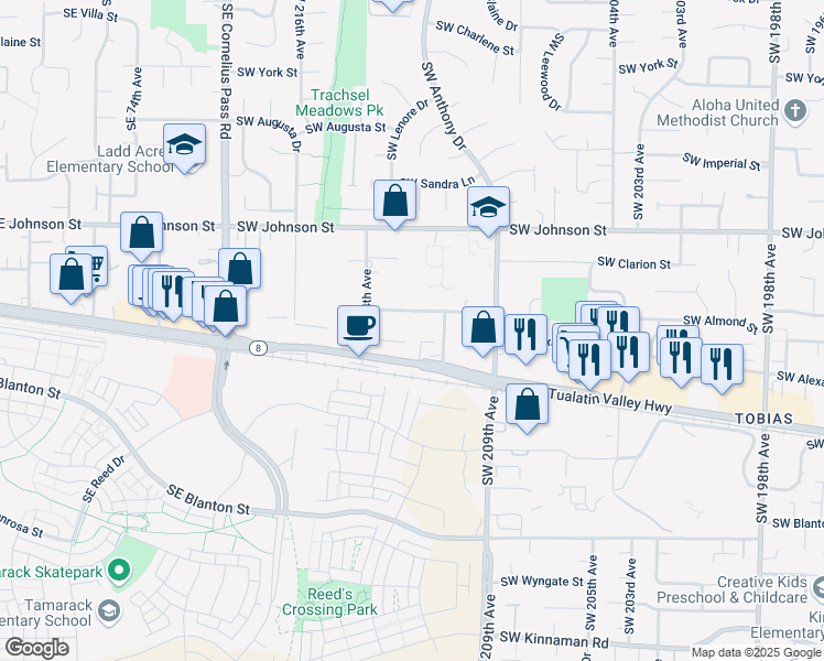 map of restaurants, bars, coffee shops, grocery stores, and more near 21250 Southwest Alexander Street in Beaverton