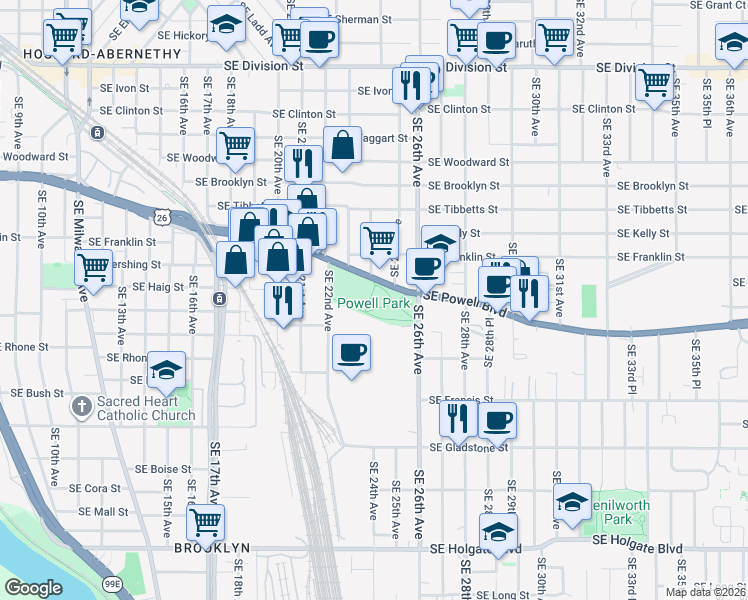 map of restaurants, bars, coffee shops, grocery stores, and more near 2500 Southeast Powell Boulevard in Portland