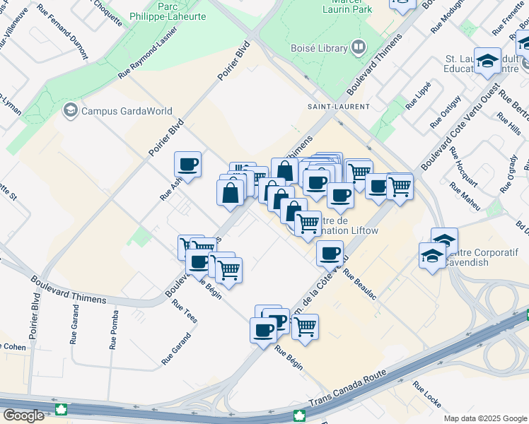 map of restaurants, bars, coffee shops, grocery stores, and more near in Montreal