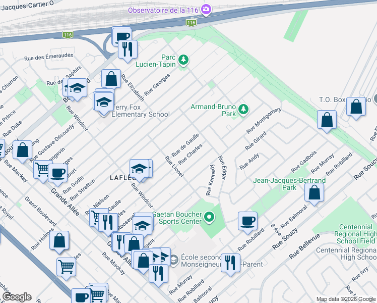 map of restaurants, bars, coffee shops, grocery stores, and more near 1509 Rue Charles in Longueuil