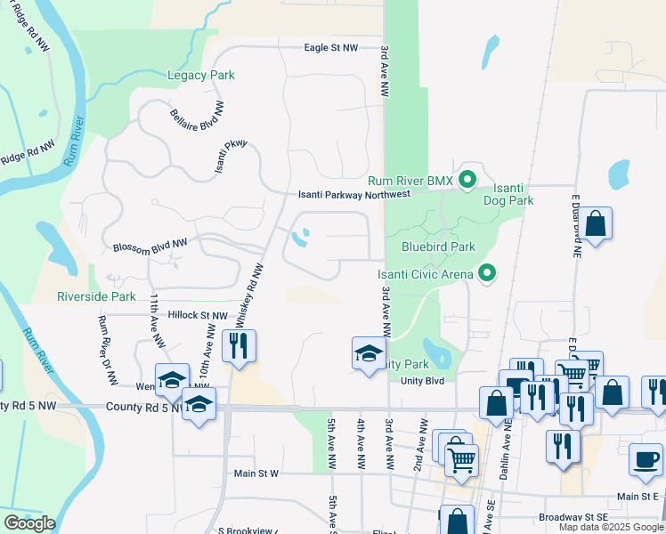 map of restaurants, bars, coffee shops, grocery stores, and more near 501 Park Brook Road Northwest in Isanti