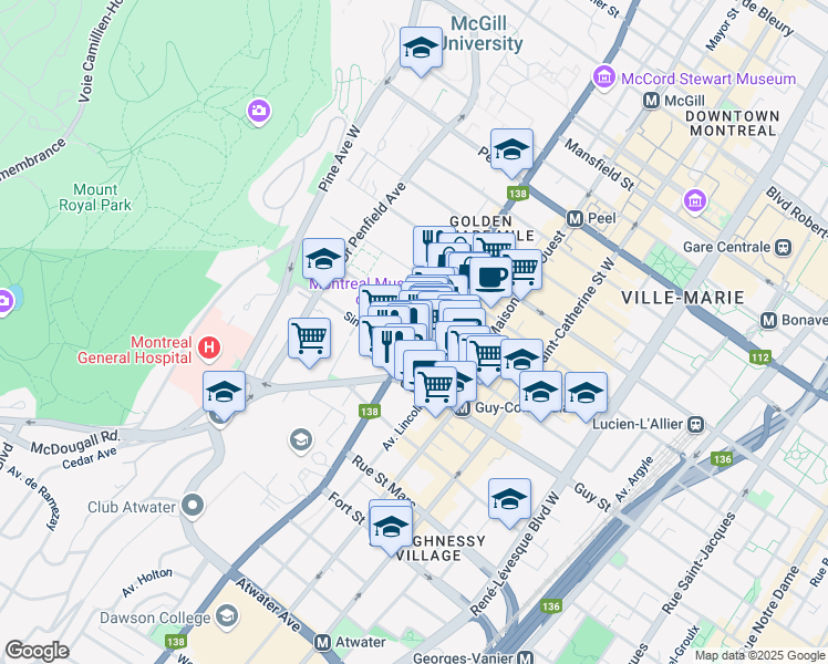 map of restaurants, bars, coffee shops, grocery stores, and more near 1455 Rue Sherbrooke Ouest in Montréal