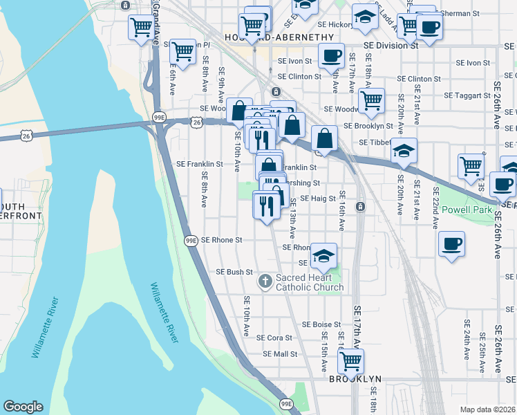 map of restaurants, bars, coffee shops, grocery stores, and more near 3424 Southeast 11th Avenue in Portland