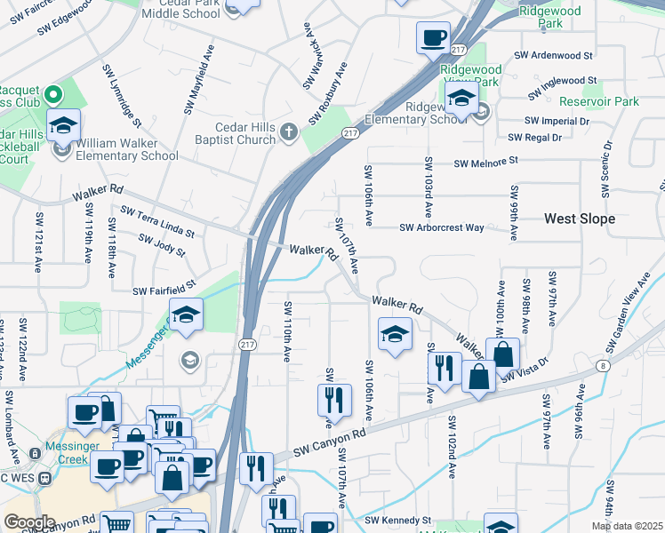 map of restaurants, bars, coffee shops, grocery stores, and more near 10810 Southwest Walker Road in Beaverton