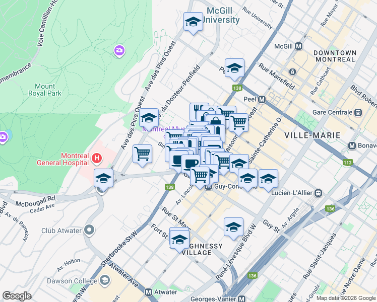 map of restaurants, bars, coffee shops, grocery stores, and more near 1455 Rue Sherbrooke Ouest in Montréal