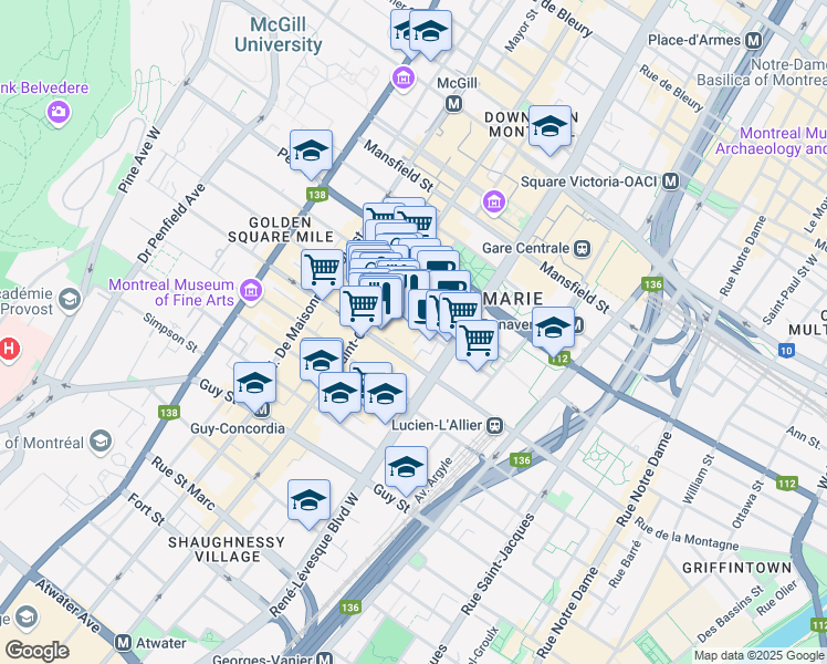 map of restaurants, bars, coffee shops, grocery stores, and more near 1212 Rue Drummond in Montréal