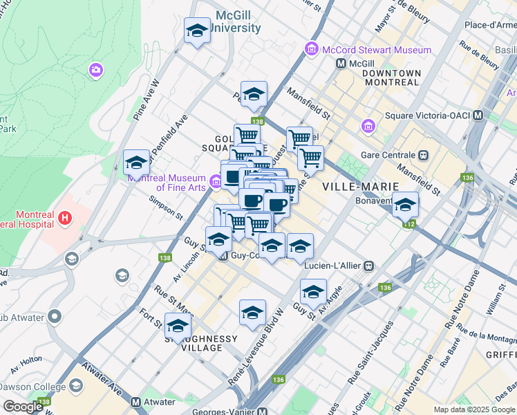 map of restaurants, bars, coffee shops, grocery stores, and more near 1476 Crescent Street in Montreal