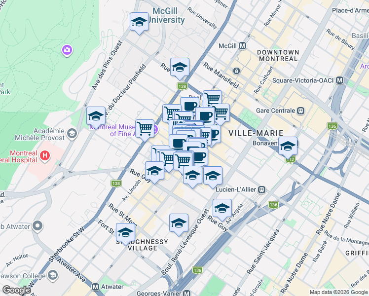 map of restaurants, bars, coffee shops, grocery stores, and more near 1445 Rue Crescent in Montréal
