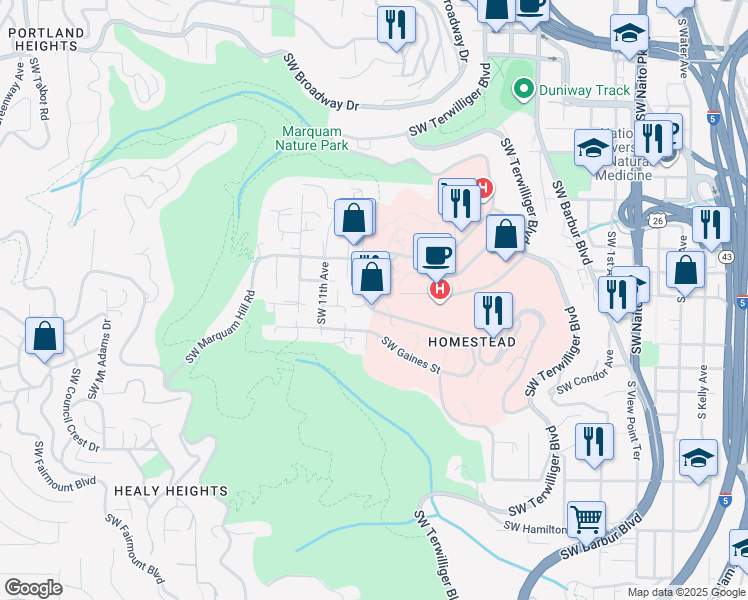map of restaurants, bars, coffee shops, grocery stores, and more near 3409 Southwest US Veterans Hospital Road in Portland