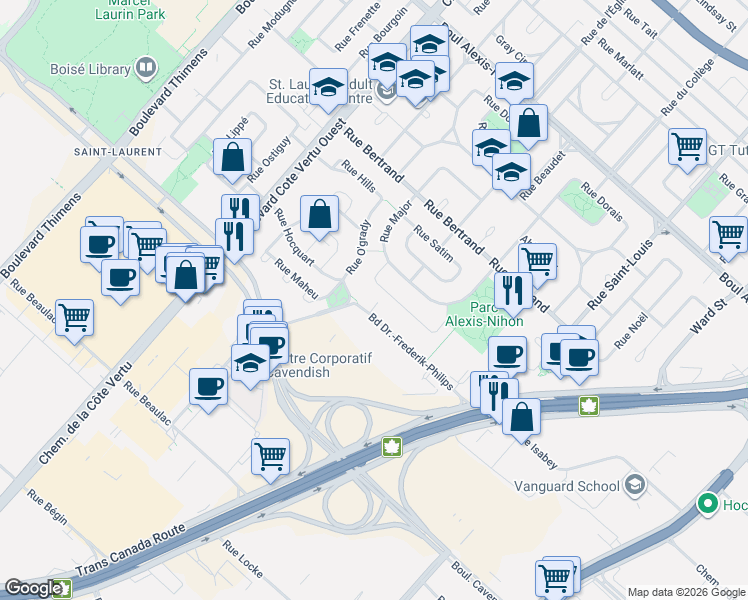 map of restaurants, bars, coffee shops, grocery stores, and more near 697 Boulevard Dr.-Frederik-Philips in Montréal