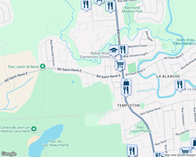 map of restaurants, bars, coffee shops, grocery stores, and more near 828 Boulevard Saint-René Est in Gatineau