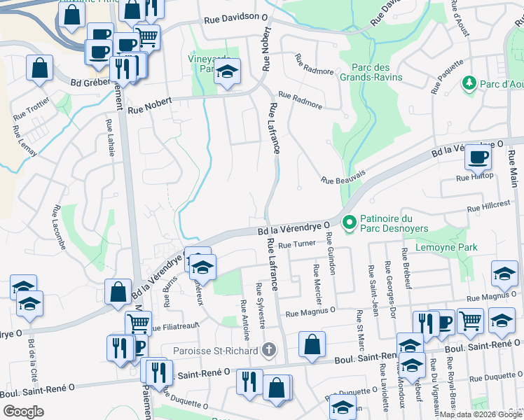 map of restaurants, bars, coffee shops, grocery stores, and more near 571 Rue Lafrance in Gatineau