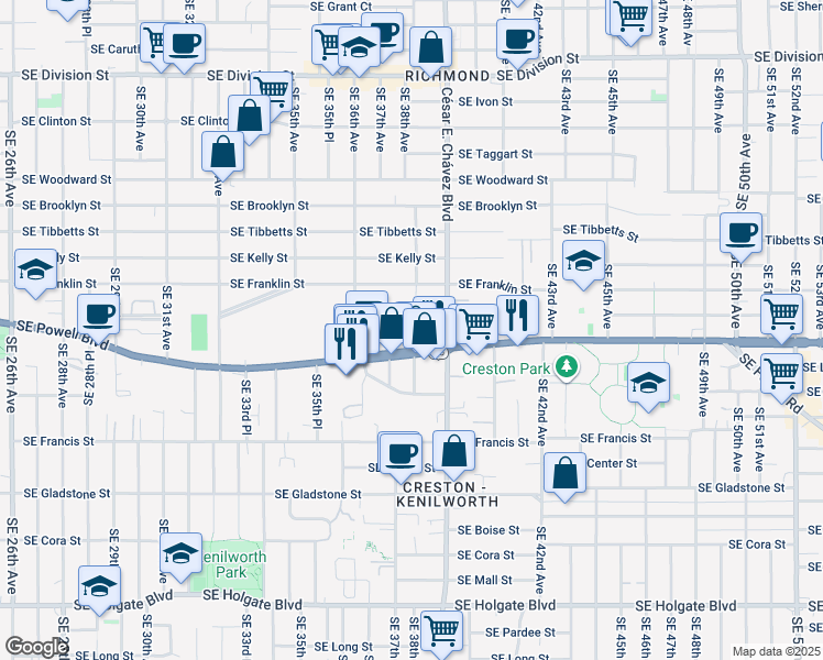 map of restaurants, bars, coffee shops, grocery stores, and more near 3429 Southeast 38th Avenue in Portland