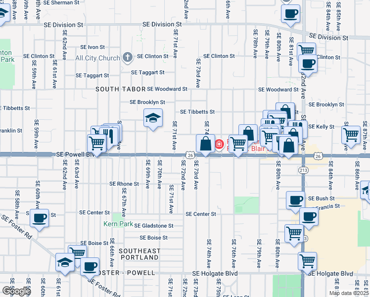 map of restaurants, bars, coffee shops, grocery stores, and more near 7123 Southeast Powell Boulevard in Portland