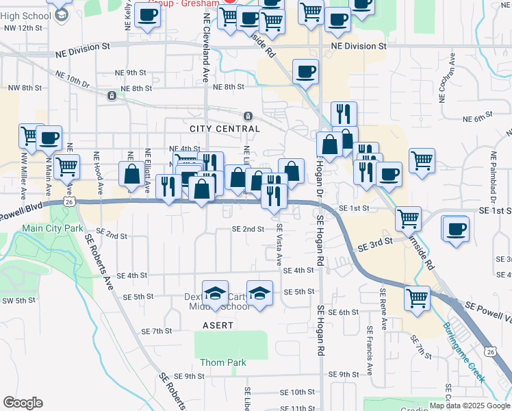 map of restaurants, bars, coffee shops, grocery stores, and more near 1360 Powell Boulevard in Gresham
