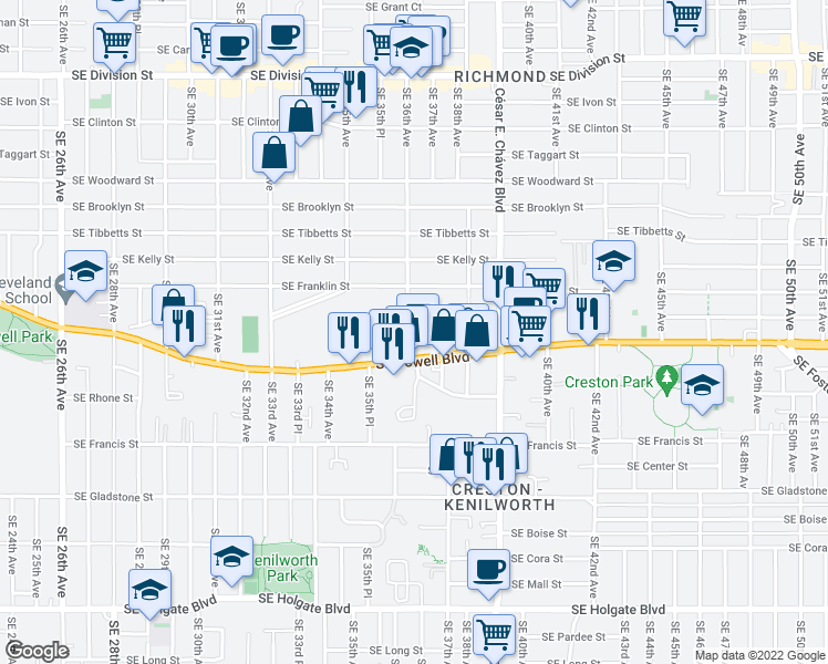 map of restaurants, bars, coffee shops, grocery stores, and more near 3426 Southeast 36th Avenue in Portland