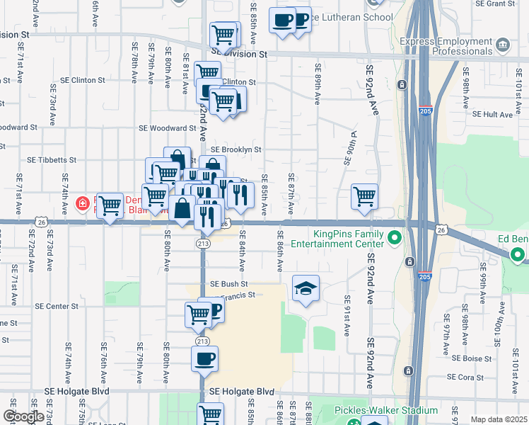 map of restaurants, bars, coffee shops, grocery stores, and more near 3419 Southeast 85th Avenue in Portland