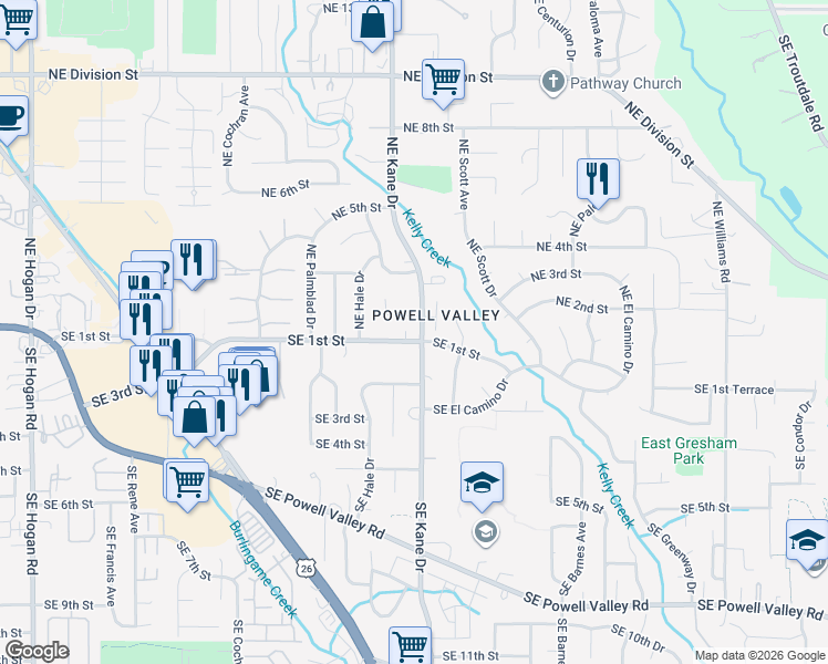 map of restaurants, bars, coffee shops, grocery stores, and more near 3235 Southeast 1st Street in Gresham
