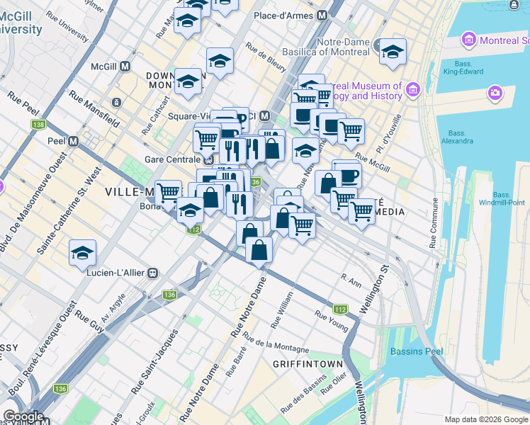 map of restaurants, bars, coffee shops, grocery stores, and more near 900 Rue Saint-Jacques in Montréal
