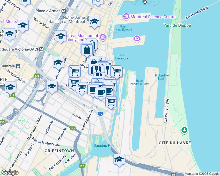 map of restaurants, bars, coffee shops, grocery stores, and more near 555 De la Commune Street West in Montreal