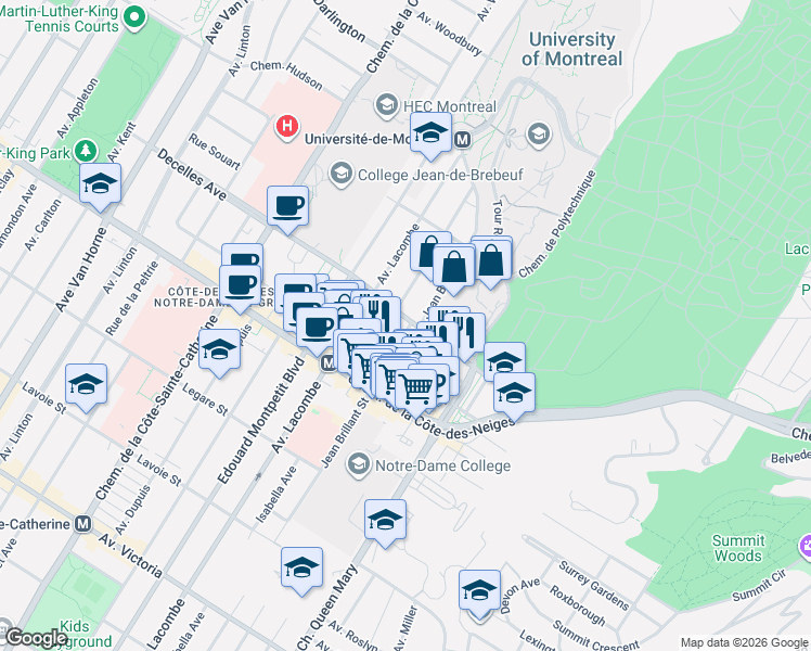 map of restaurants, bars, coffee shops, grocery stores, and more near 5300 Avenue Decelles in Montréal