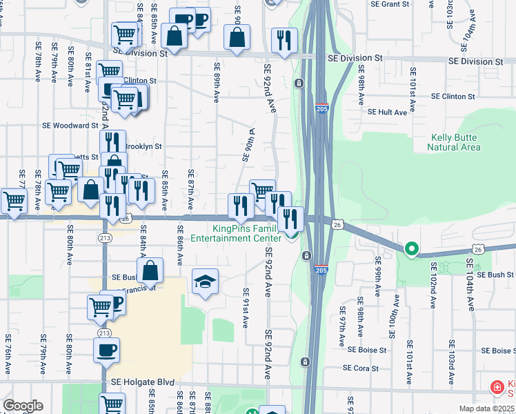 map of restaurants, bars, coffee shops, grocery stores, and more near 9131 Southeast Powell Boulevard in Portland