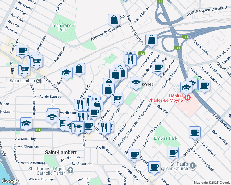 map of restaurants, bars, coffee shops, grocery stores, and more near in Longueuil