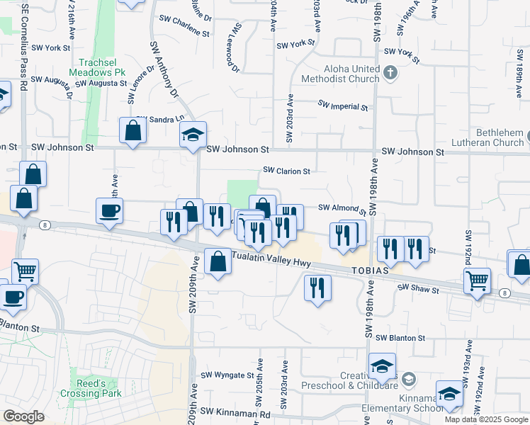 map of restaurants, bars, coffee shops, grocery stores, and more near 20442 Southwest Almond Court in Aloha