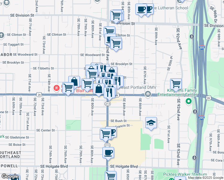 map of restaurants, bars, coffee shops, grocery stores, and more near 3330 Southeast 82nd Avenue in Portland