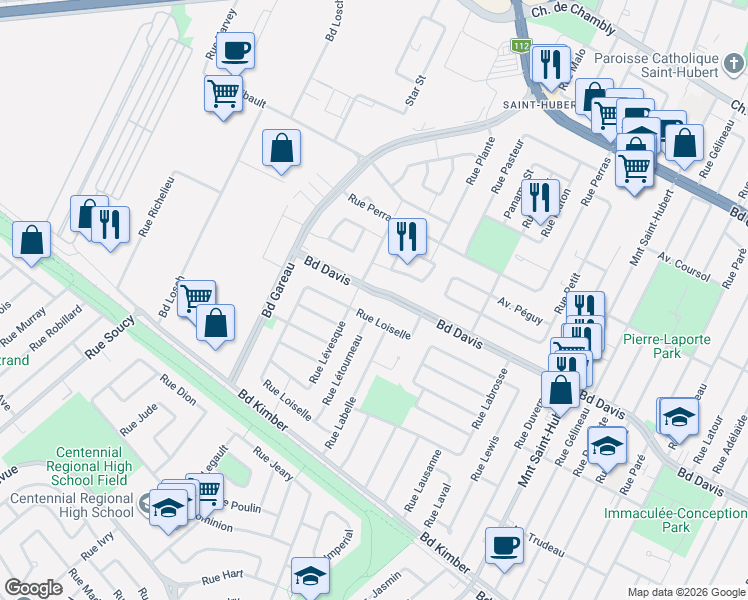 map of restaurants, bars, coffee shops, grocery stores, and more near 4925 Boulevard Davis in Longueuil