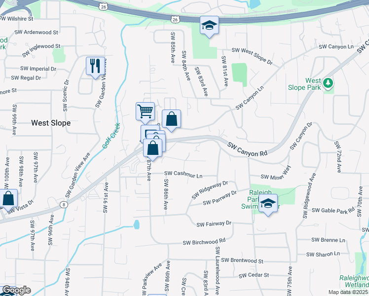 map of restaurants, bars, coffee shops, grocery stores, and more near 8456 Southwest Canyon Drive in Portland