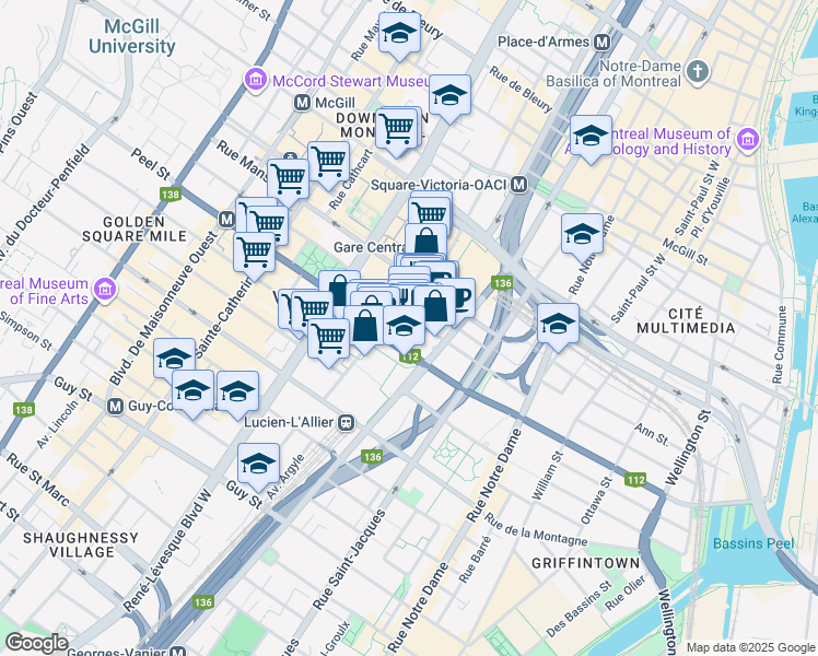 map of restaurants, bars, coffee shops, grocery stores, and more near 1010 Rue De la Gauchetière Ouest in Montréal